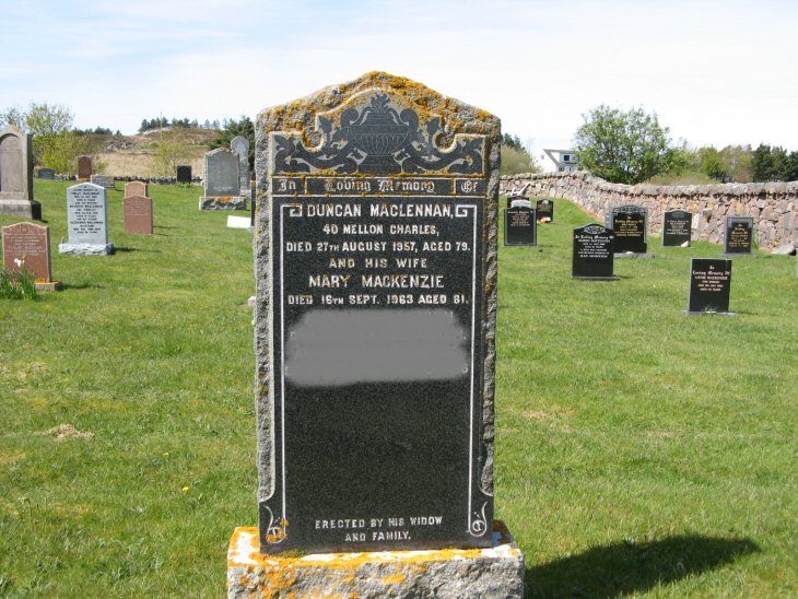 Photo of headstones/Duncan MacLennan d1957 hdstn Mellon Charles burying ground